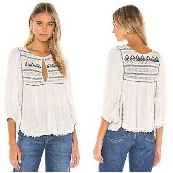 NWT Free People Cyprus Avenue Embroidered Top Sz L Ivory Boho - Picture 1 of 15
